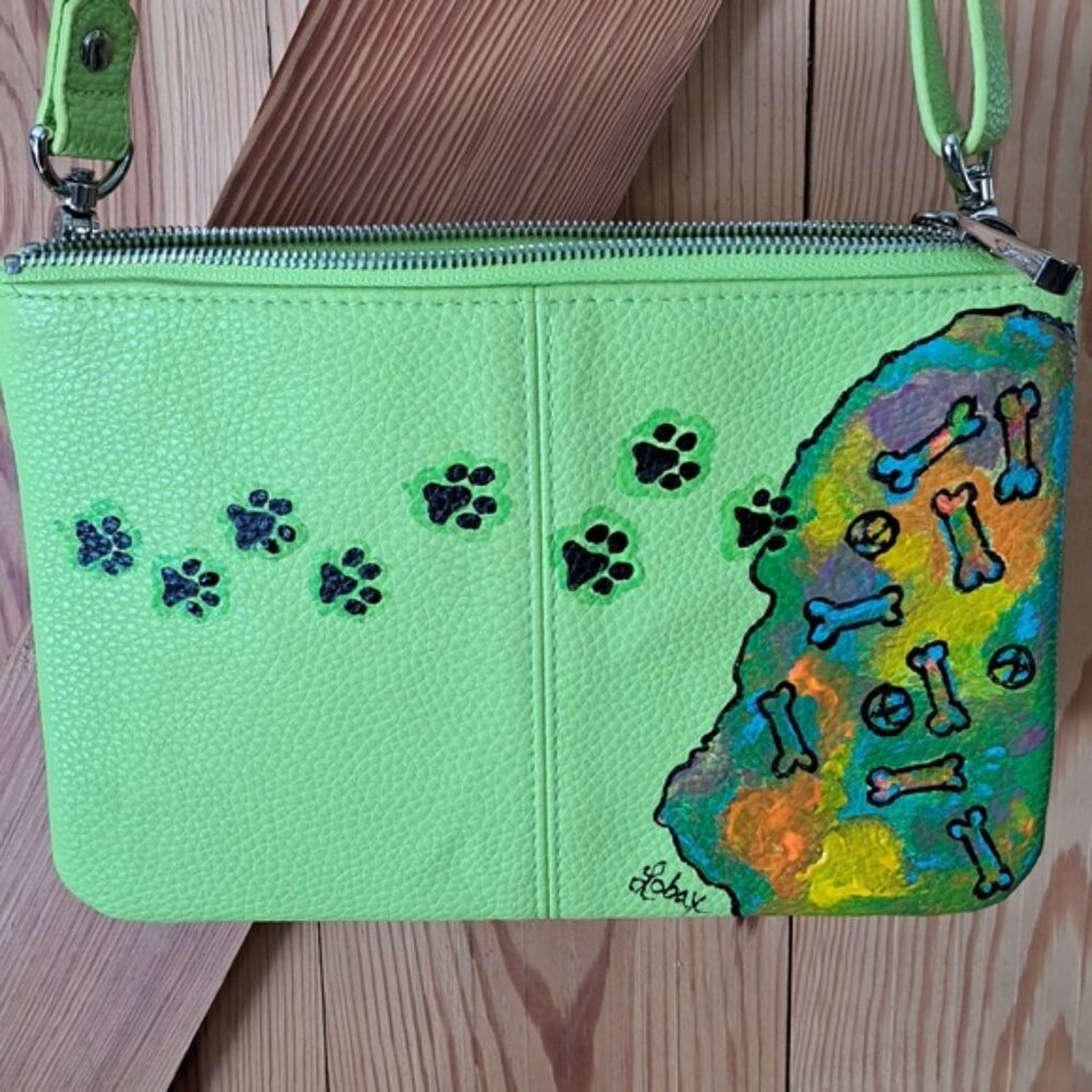 Hand Painted Faux Leather Lime Green Crossbody Dog Mom Bag Purse - Picture 7 of 13